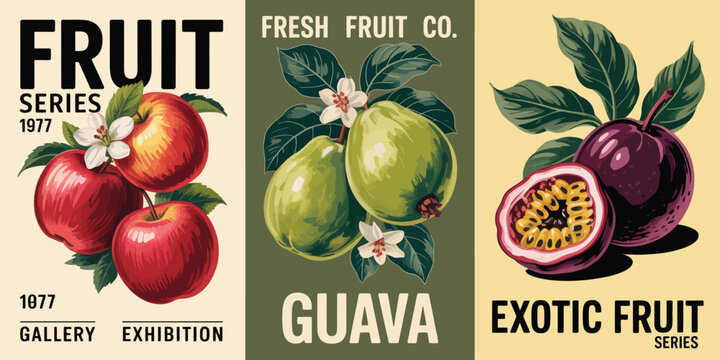 Red apple poster, three glossy apples with white flowers green leaves text FRUIT SERIES 1977 and GALLERY EXHIBITION