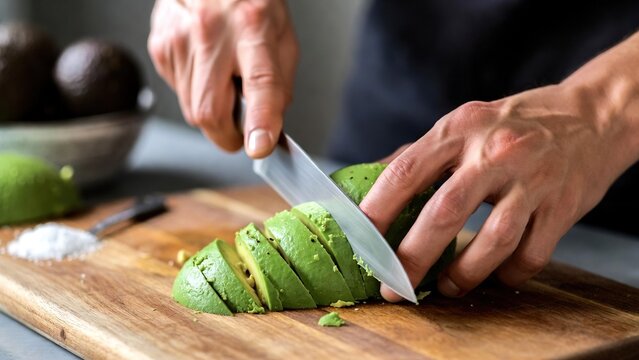Close-up of a chef's hands slicing a ripe green avocado on a wooden cutting board