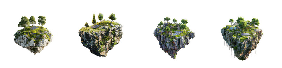 Fototapeta premium Green floating islands with trees, grass, and solar panels, sustainable eco-paradise concept. isolated on transparent background