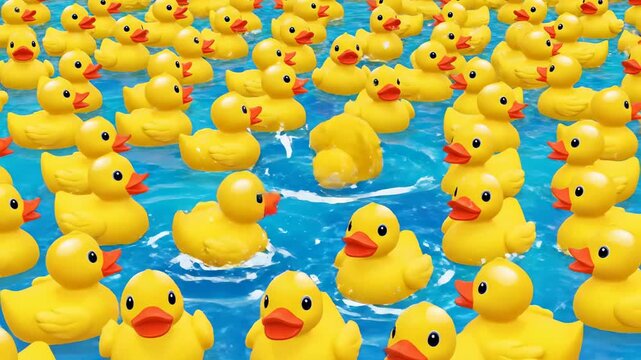 Playful abundance of bright yellow rubber ducks floating on blue water, perfect for childhood themes and marketing campaigns.