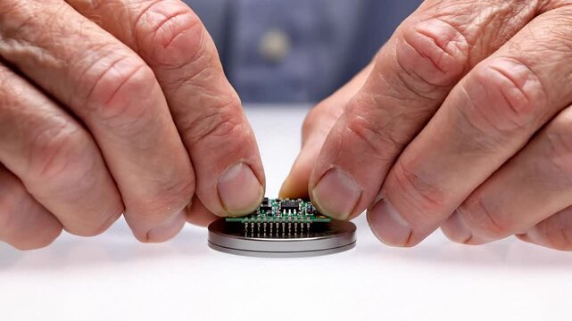Close view of adult male hands placing a microchip on a round socket, precision electronics assembly for engineering and repair, focused technical mood for lab and manufacturing
