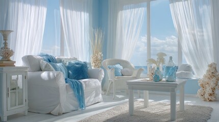 Elegant white living room with sea view and airy curtains daytime scene