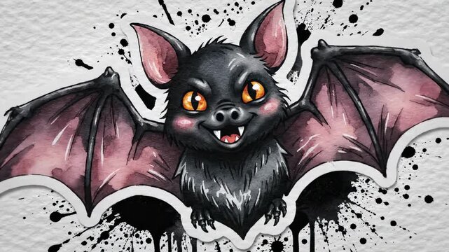 Charming Halloween illustration of a cute black bat sticker with watercolor texture and ink splatters. Ideal for spooky holiday marketing and graphic design projects.