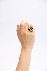Fototapeta premium Jewel Gold Silver Jewelry Fashion Golden Silvery Bracelet Collar Earring Ring Emerald Ruby Green Yellow White Background Still