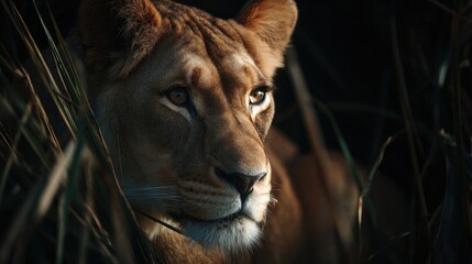Lioness portrait in natural environment detailed view with warm tones