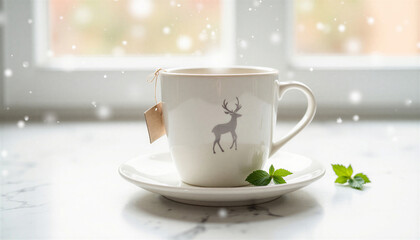 Fototapeta premium Cozy tea cup with reindeer design on saucer in snowy window scene 