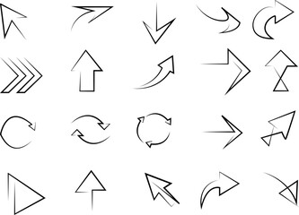 A collection of 20 hand drawn arrow icons in various directions and styles