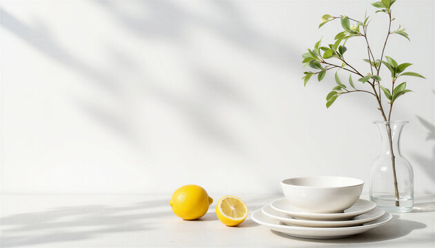 Fresh lemons and white plates arranged on minimalist table  