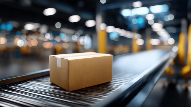 Cardboard box on conveyor belt in warehouse with blurred lights and industrial interior, logistics package in transit, shipping center