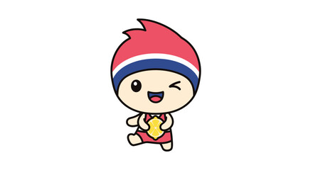Cute cartoon character with red, white, and blue stripes on head, holding a yellow object, winking and smiling.