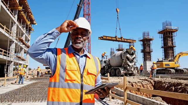 Construction worker inspects site while crane lifts materials at urban building site in broad daylight
