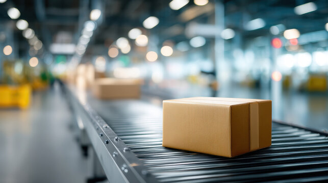 Cardboard box package conveyor belt warehouse logistics shipping processing industrial parcel center busy environment