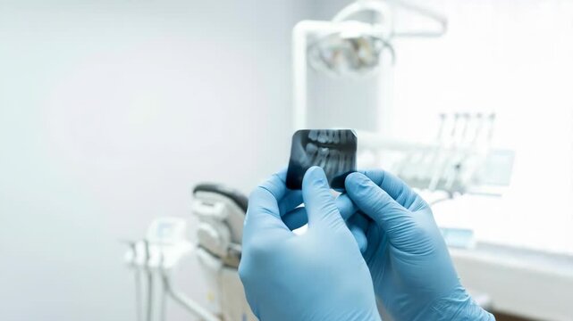dentist hand in blue latex glove holding dental x-ray film. blurred stomatology office equipment in background. medical diagnosis and oral healthcare checkup. 
