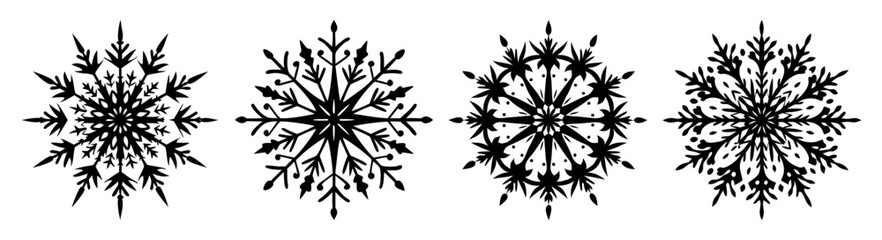 Black and white snowflake set isolated on transparent background vector illustration winter design elements