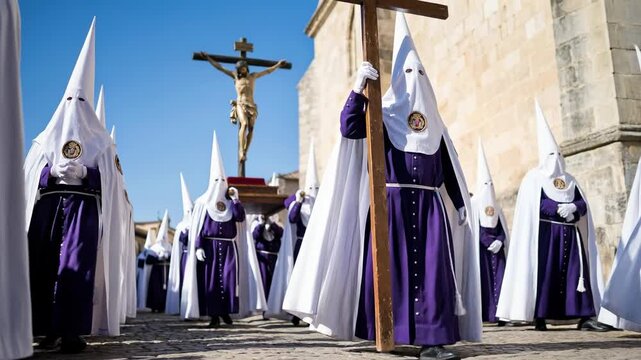 Holy week procession with hooded penitents carrying wooden cross and crucifix during catholic easter tradition.