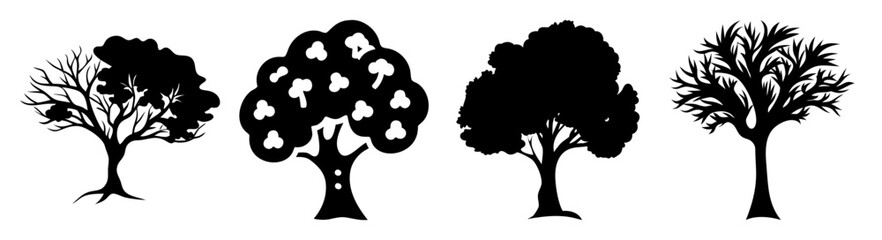 Fototapeta premium Four black silhouette trees isolated on white background minimalist nature vector illustration