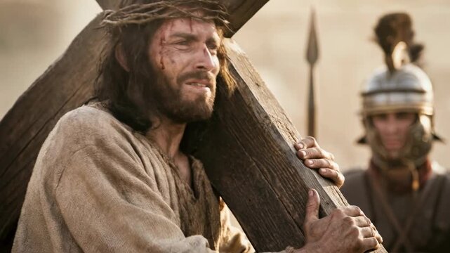 Jesus christ carrying the wooden cross with crown of thorns, passion of christ reenactment in a dramatic biblical scene.
