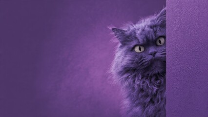 Fluffy Cat Peek: Purple Cat Peeking from Behind Purple Surface

