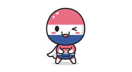 Obraz premium Charming cartoon character resembling Costa Rica flag, wearing a cape, holding a book with a cheerful wink