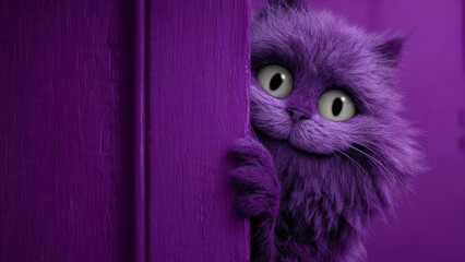 Fluffy Cat Peek: Purple Cat Peeking from Behind Purple Surface

