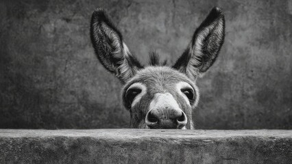 Donkey Portrait Stare: Curious Donkey Peeking Over Concrete Wall

