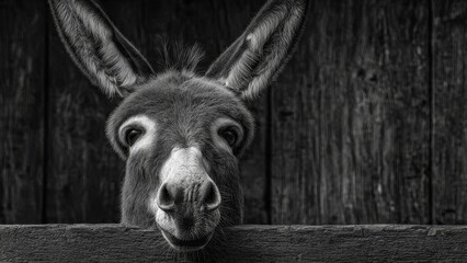 Donkey Portrait Stare: Curious Donkey Peeking Over Concrete Wall

