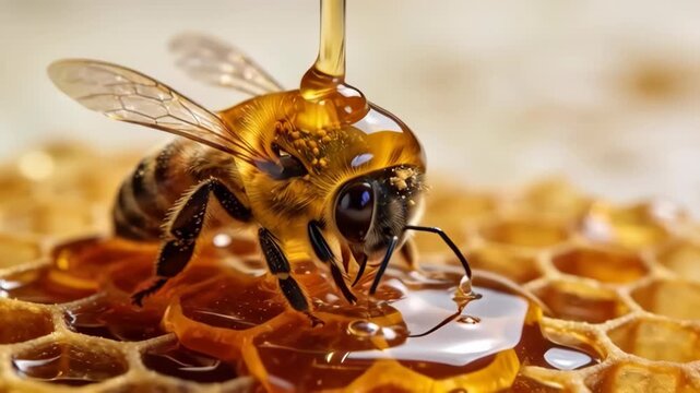 Golden bee honey drip honeycomb close up macro warm glow honeybee drizzle detailed close up