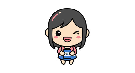 Obraz premium Adorable cartoon girl with black hair holding a passport featuring the flag of El Salvador, winking and smiling. Kawaii travel illustration.