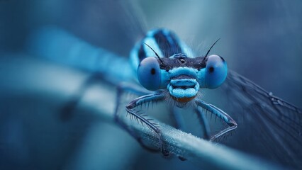Azure Dragonfly Gaze: Close-up of Blue Dragonfly Perched on Stem

