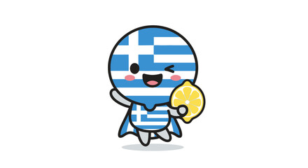 Fototapeta premium Playful character styled as Greece, with national flag colors and a lemon slice. Whimsical illustration for travel, tourism, and Mediterranean themes.