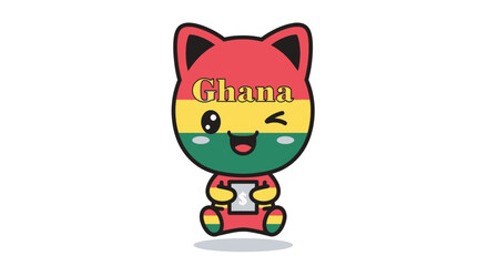 Obraz premium Whimsical cartoon cat character representing Ghana, with flag colors, winking and holding a money sign. Fun illustration for finance, travel, or African themes.