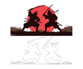 Fototapeta premium Two Samurai Warriors Silhouettes in Combat Against a Red Sun Background sword katana.