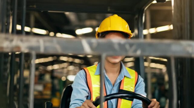 Female forklift operator driving in warehouse wearing hard hat and safety vest.