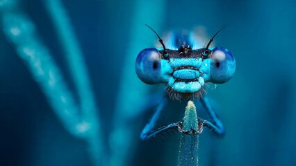 Azure Dragonfly Gaze: Close-up of Blue Dragonfly Perched on Stem

