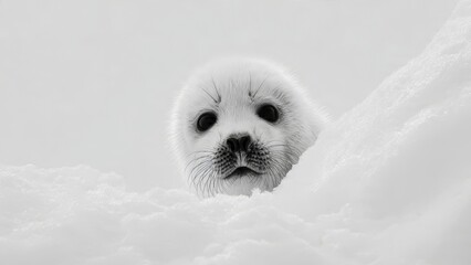 White Seal Pup Gaze: Adorable Harp Seal Pup Peeking Over Snowdrift

