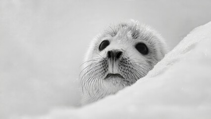 White Seal Pup Gaze: Adorable Harp Seal Pup Peeking Over Snowdrift

