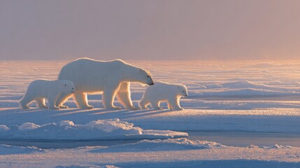 Family of polar bears walking on snow and ice during beautiful sunset