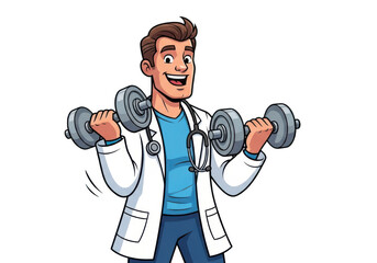 A man in a lab coat lifting dumbbells with a smile isolated on transparent background
