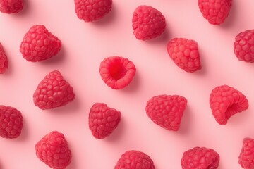 Fresh raspberries on pink background for food, health, and cooking promotions in a simple arrangement