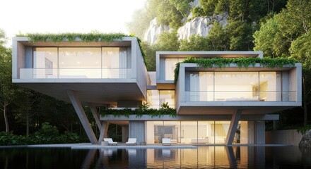 Obraz premium Modern house with cantilevered design and lush green roof on a serene lake.