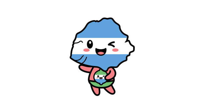 Argentina map character in national colors, holding a green object, happily winking and skipping on white background.
