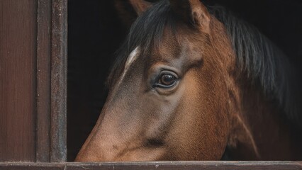 Horse Gazing: Brown Horse Peeking Out from Stable Door

