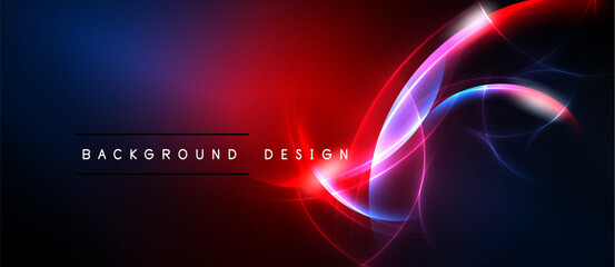 Abstract background features vibrant red, blue glows. Swirling light shapes create dynamic visual effect. Modern design element.