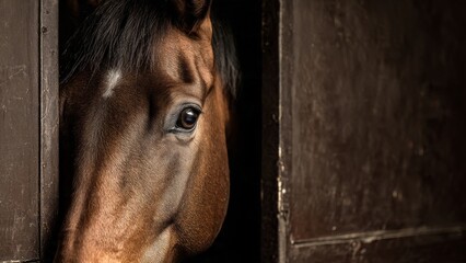 Horse Gazing: Brown Horse Peeking Out from Stable Door

