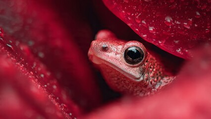Strawberry Poison-Dart Frog: Close-up of Red Frog Under Red Leaf

