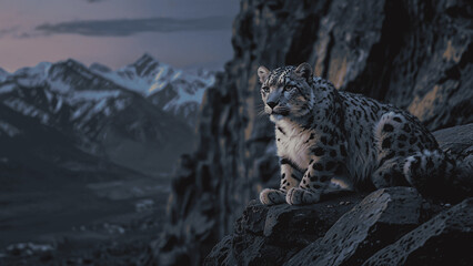 Fototapeta premium A snow leopard sits on a rocky outcropping overlooking a mountainous landscape at dusk