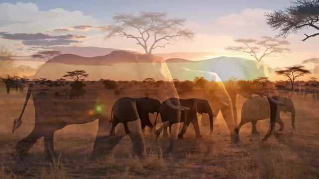 Elephants walk together in a savanna area during sunset in Africa