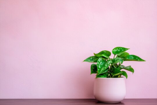 Indoor scindapsus plant sits in a white pot on a wooden table against a pink wall during daylight hours