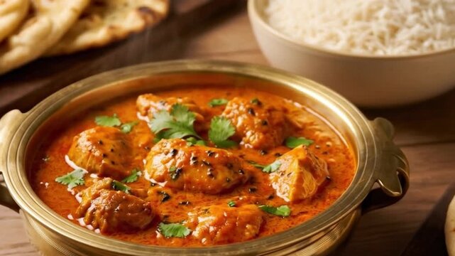Traditional North Indian butter chicken served in a brass bowl with fluffy basmati rice and fresh garlic naan on a wooden table.