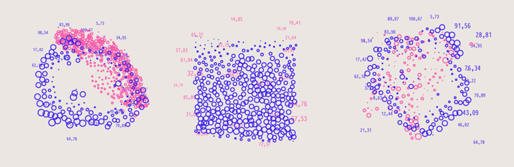 Vibrant neon vector illustration displays three clustered scatter plots of glowing pink and blue particles with random numbers forming dense data manifolds and distributions.